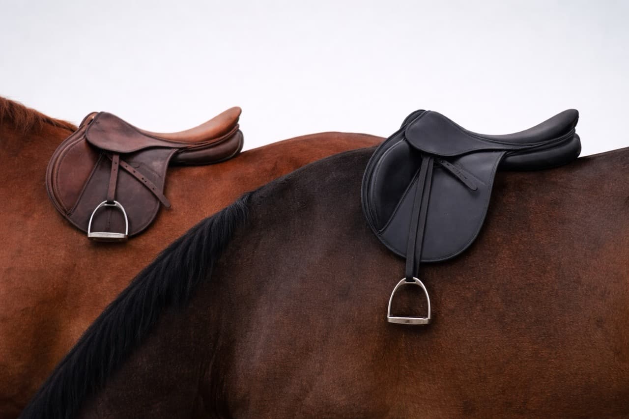 Zwei Sättel auf Pferderücken